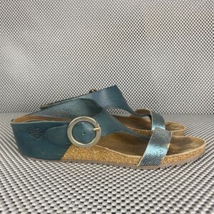 TakeMe Wedge Sandals Womens Size 38 Green Leather Slip On Buckle  Made In Spain